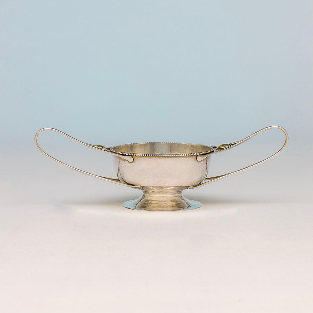 Blue shot of Marcus &amp; Co Sterling Silver and Turquoise 2-handled Condiment Dish, NYC, NY, c. 1902-17