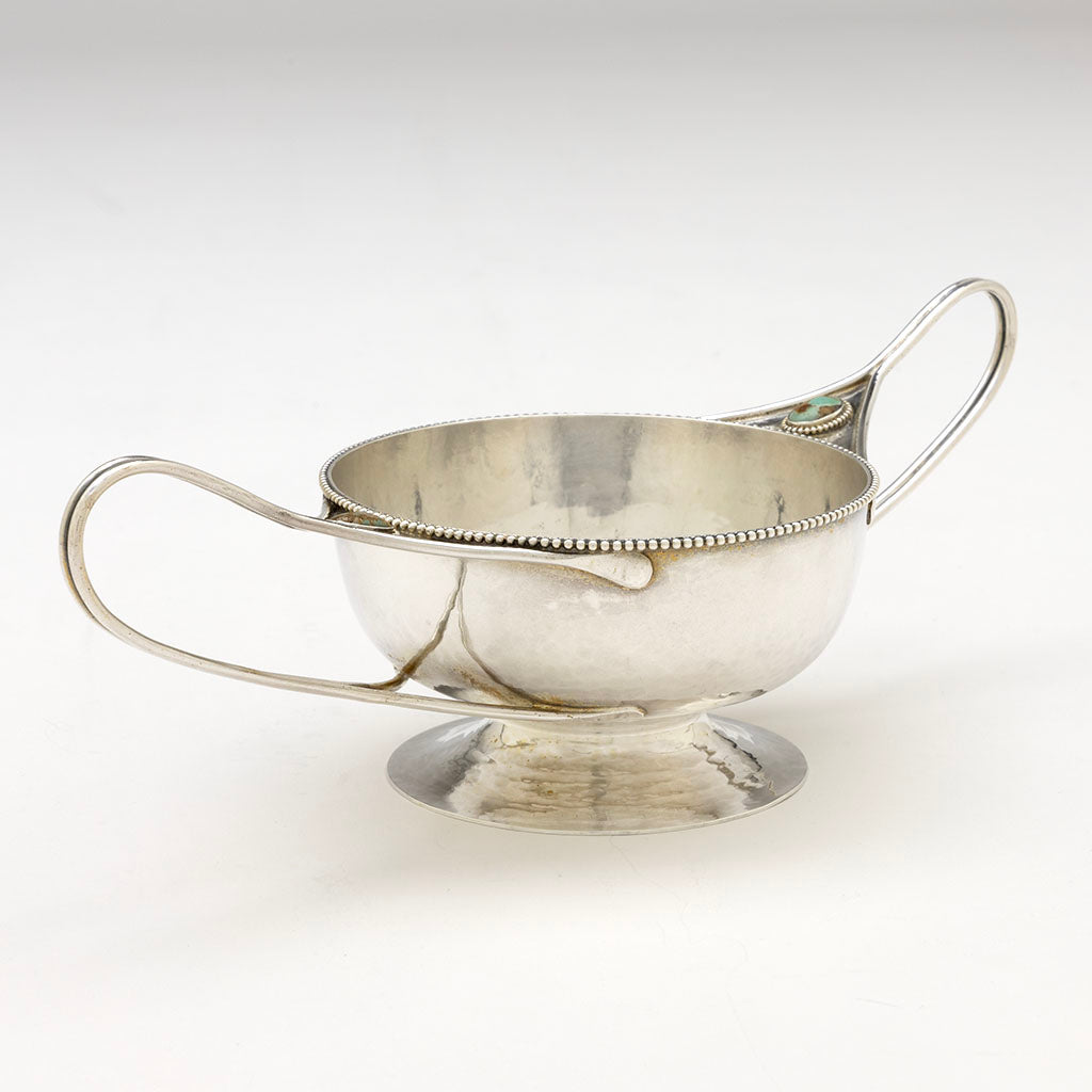 Angle view of Marcus &amp; Co Sterling Silver and Turquoise 2-handled Condiment Dish, NYC, NY, c. 1902-17