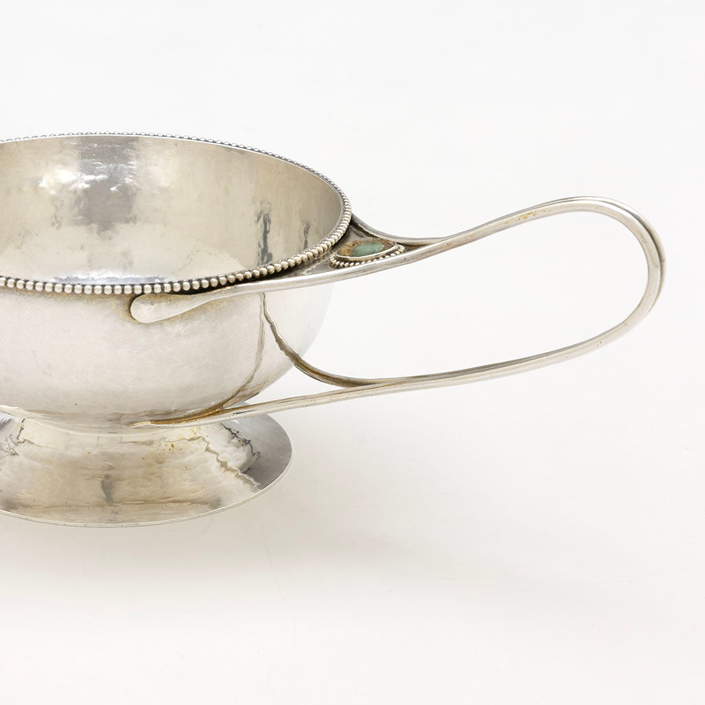 Handle side of Marcus &amp; Co Sterling Silver and Turquoise 2-handled Condiment Dish, NYC, NY, c. 1902-17