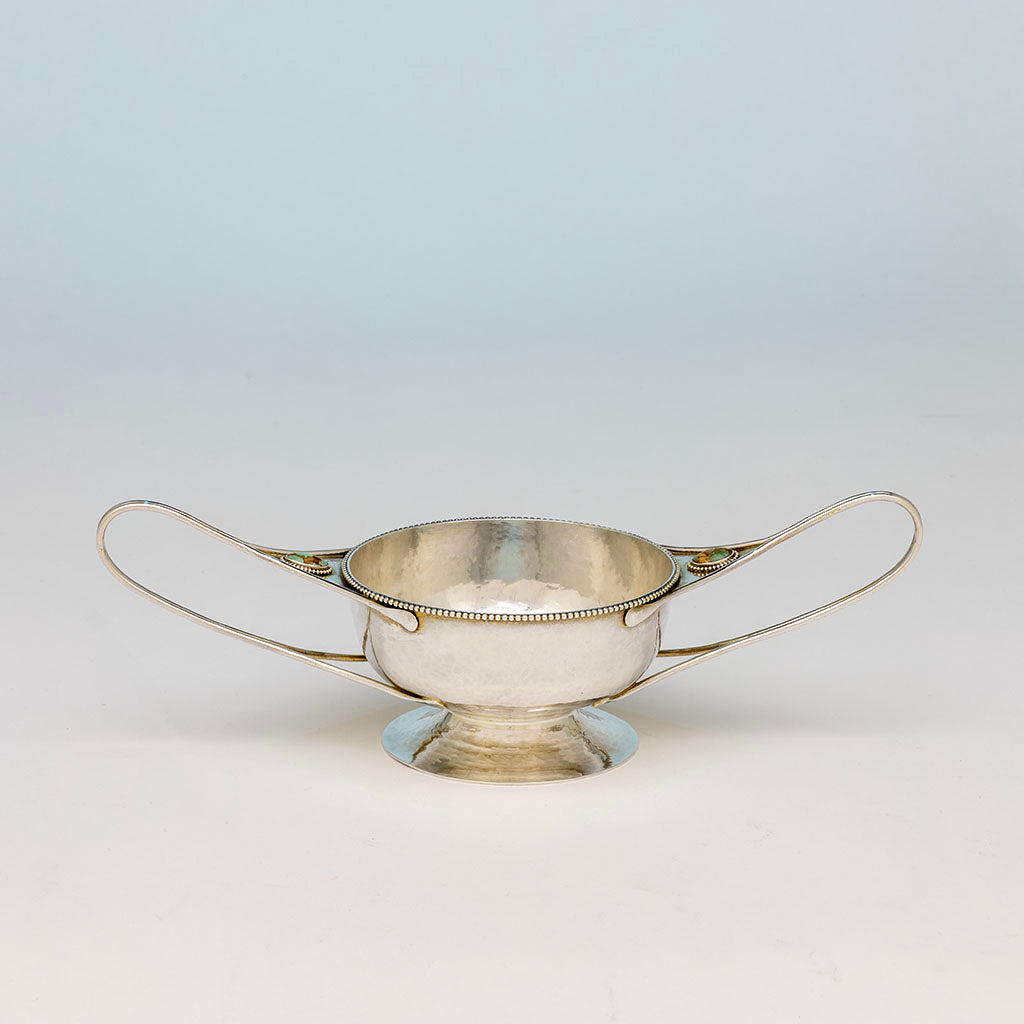 Blue side view of Marcus &amp; Co Sterling Silver and Turquoise 2-handled Condiment Dish, NYC, NY, c. 1902-17