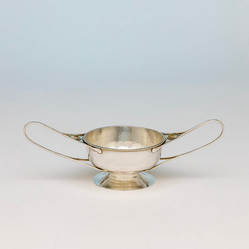 Blue side view of Marcus & Co Sterling Silver and Turquoise 2-handled Condiment Dish, NYC, NY, c. 1902-17