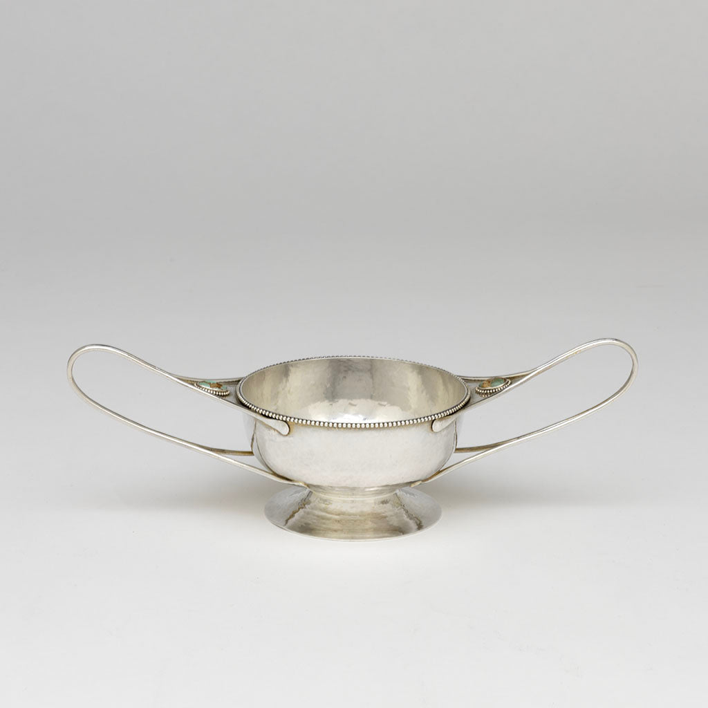 Side view of Marcus &amp; Co Sterling Silver and Turquoise 2-handled Condiment Dish, NYC, NY, c. 1902-17