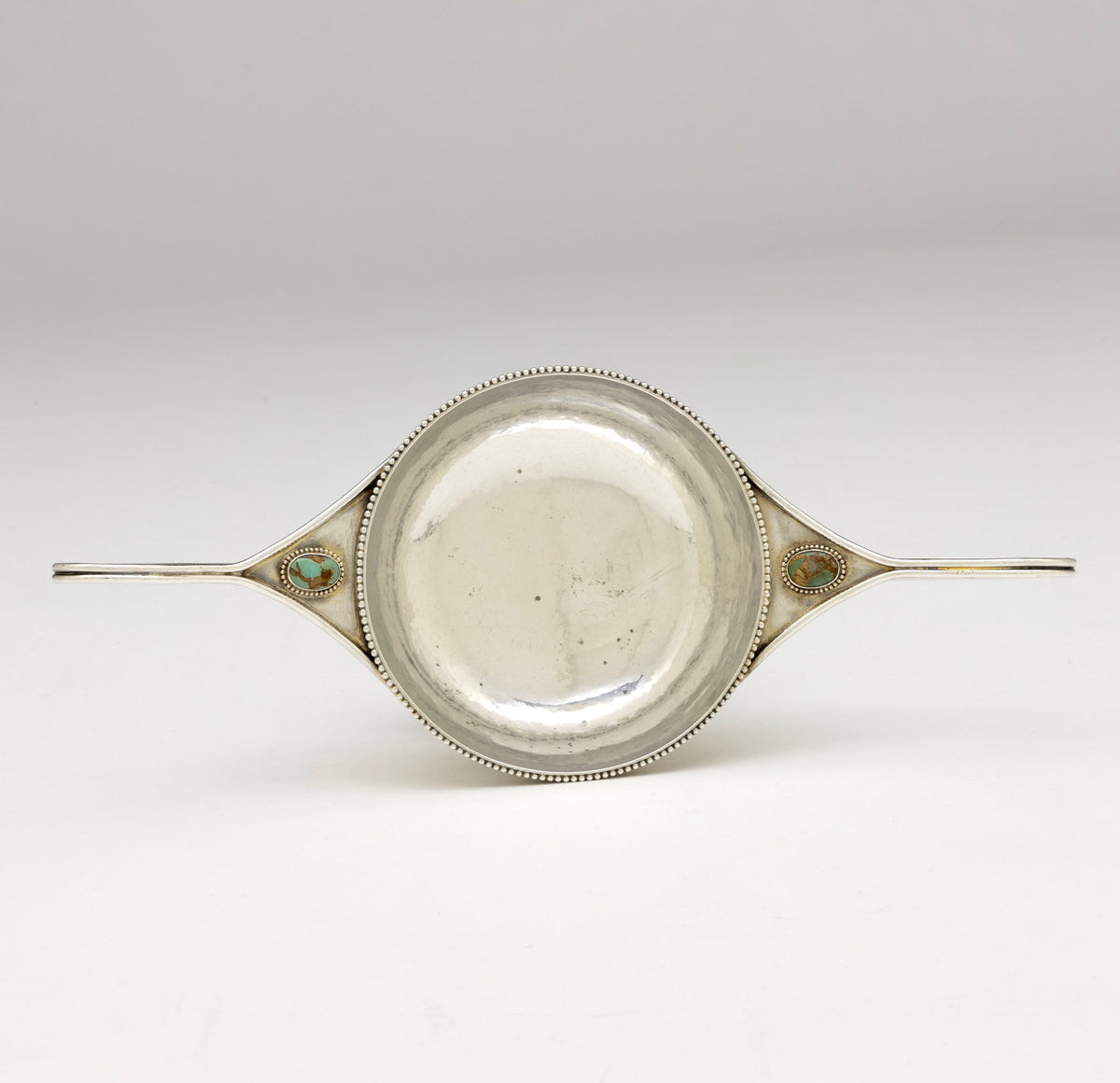 Interior of Marcus &amp; Co Sterling Silver and Turquoise 2-handled Condiment Dish, NYC, NY, c. 1902-17