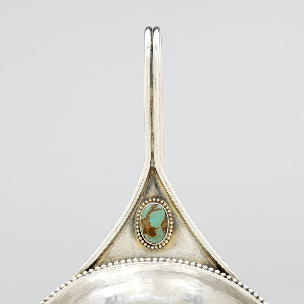 First handle detail of Marcus &amp; Co Sterling Silver and Turquoise 2-handled Condiment Dish, NYC, NY, c. 1902-17