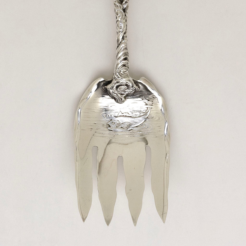 Reverse of fish fork to Gorham Antique Sterling Silver &#39;Hizen&#39; Pattern Fish Serving Set, Providence, RI, c. 1880