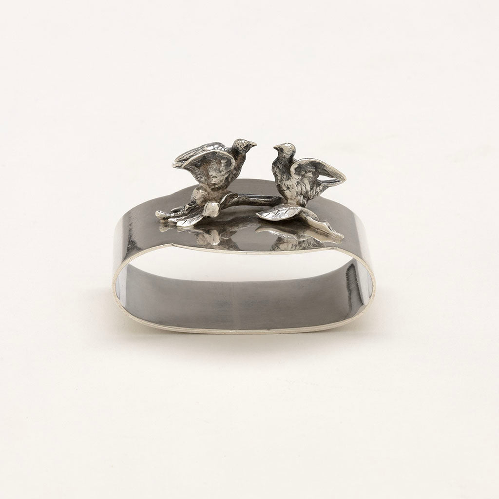 Reflection of Gorham Birds Design &#39;Bridal&#39; Pattern Antique Coin Silver Napkin Ring, Providence, RI, c. 1865