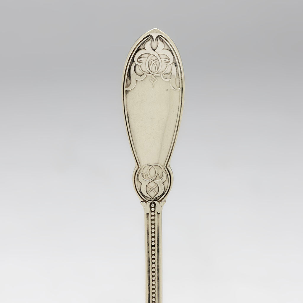 Handle detail on Henry Hebbard/ Tiffany &amp; Co. Antique Coin Silver 'Oriental' Pattern Platter Spoon, NYC, NY, c. 1855