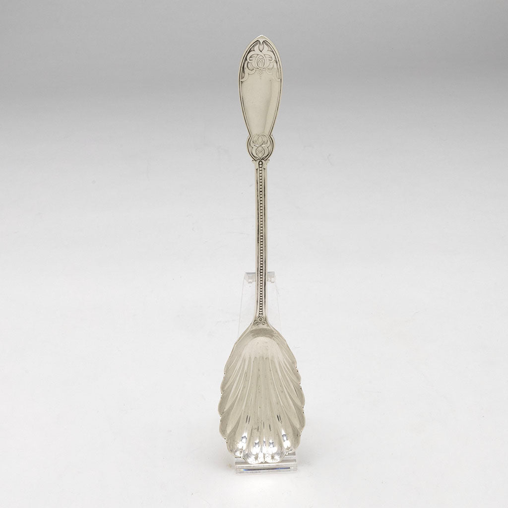 Henry Hebbard/ Tiffany &amp; Co. Antique Coin Silver 'Oriental' Pattern Platter Spoon, NYC, NY, c. 1855 in stand