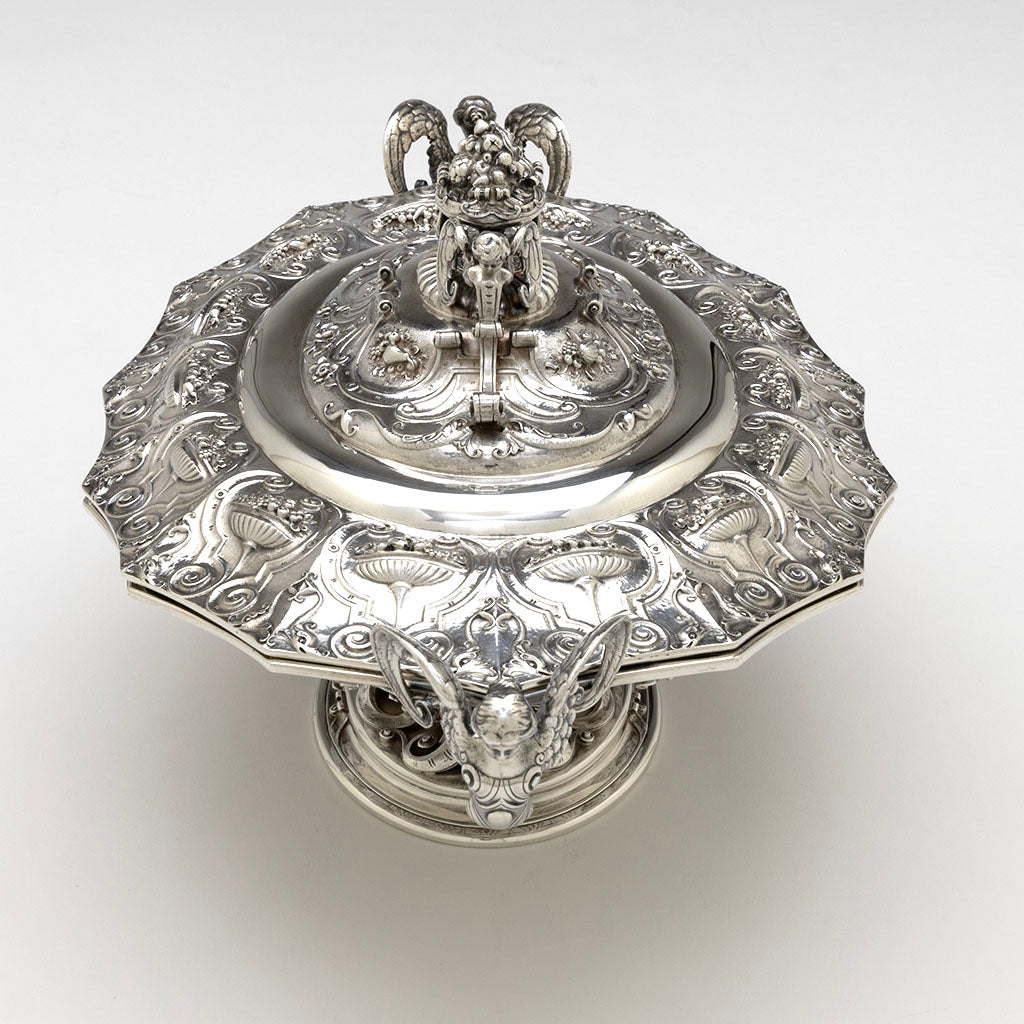 Cover end of Tiffany &amp; Co Antique Sterling Silver CoveredTureen designed by Paulding Farnham, NYC, NY, c. 1904