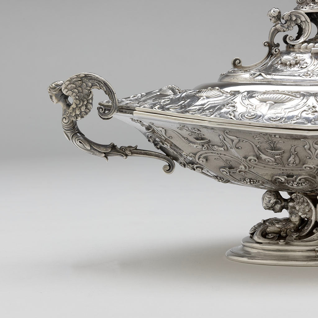 Handle side of Tiffany &amp; Co Antique Sterling Silver CoveredTureen designed by Paulding Farnham, NYC, NY, c. 1904