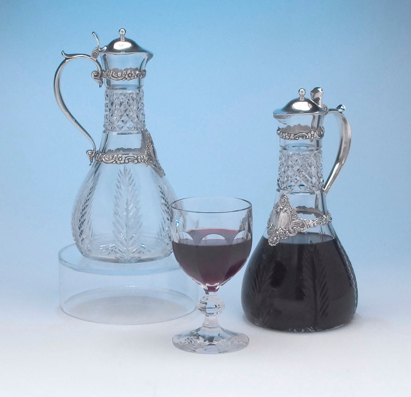 Tiffany & Co. Pair of Antique Sterling Silver Mounted Cut Glass Decanters or 'Claret Jugs', c. 1894
