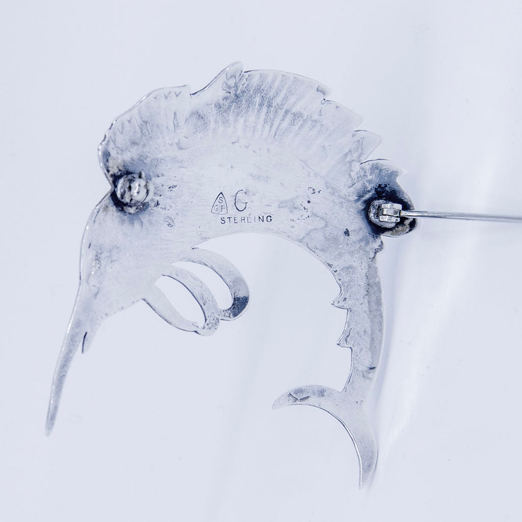 Marks on Gladys Panis Arts &amp; Crafts Sterling Silver Swordfish Brooch, Falmouth, MA, c. 1950s