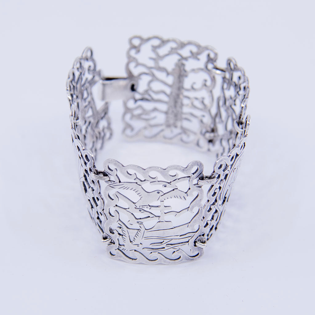 Seagulls and boat on Stavre Gregor Panis Arts &amp; Crafts Sterling Silver Nautical Bracelet, Falmouth, MA, c. 1950s