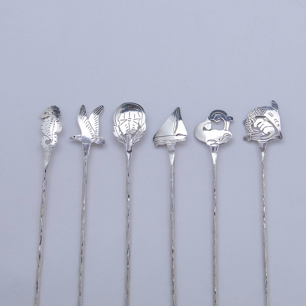 Motifs on 6 Stavre Gregor Panis Arts &amp; Crafts Sterling Silver Ice Tea Spoons, Falmouth, MA, c. 1950s