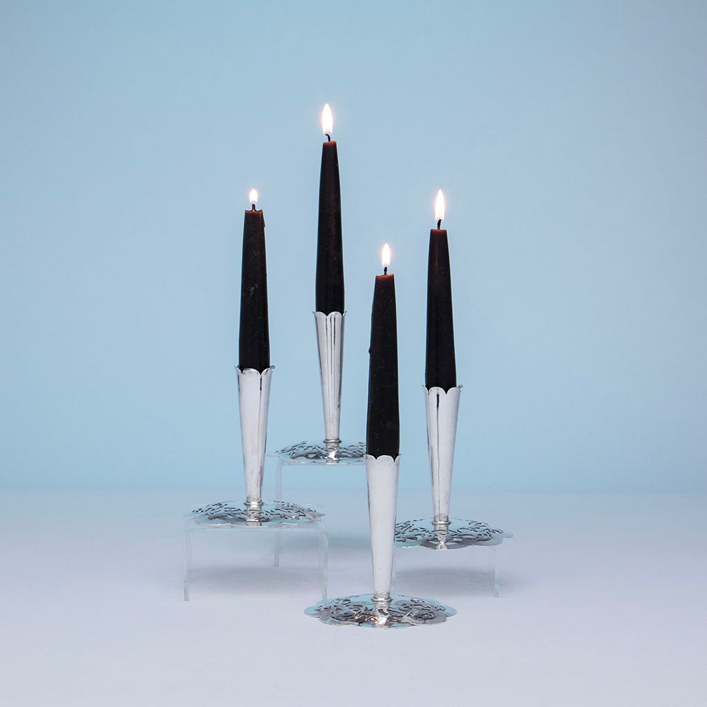 Stavre Gregor Panis Arts & Crafts Sterling Silver Seagull Candlesticks, Falmouth, MA, c. 1950s