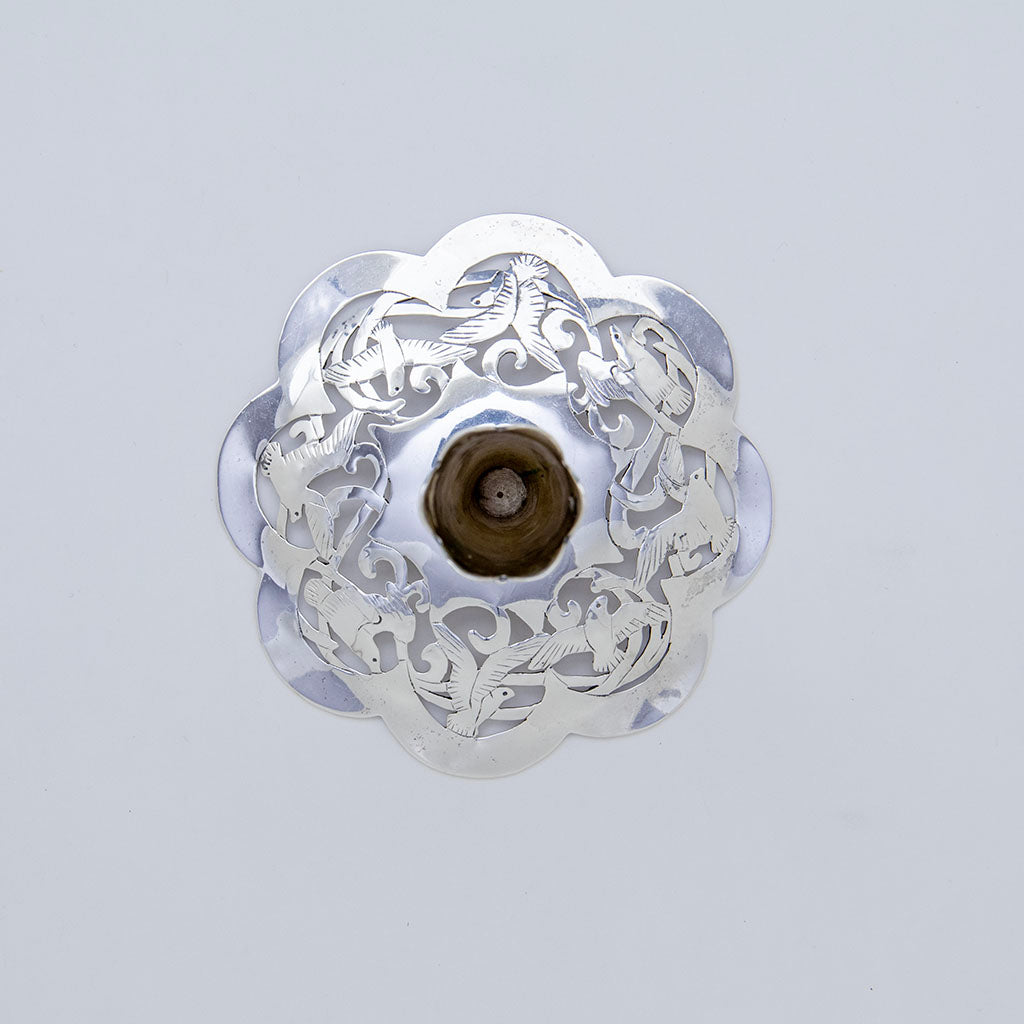 Bird&#39;s-eye view of one Stavre Gregor Panis Arts &amp; Crafts Sterling Silver Seagull Candlesticks, Falmouth, MA, c. 1950s