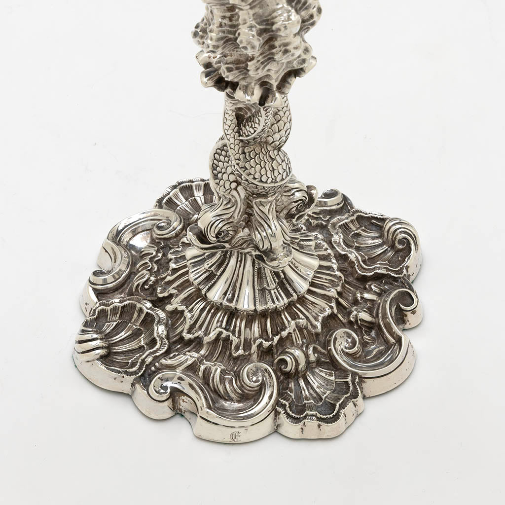 Base of John Watson Set of 4 Regency English Antique Sterling Figural Dolphin Candlesticks, Sheffield, 1815/16