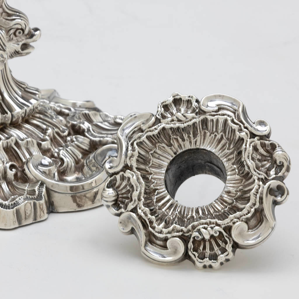 Bobeche detail of John Watson Set of 4 Regency English Antique Sterling Figural Dolphin Candlesticks, Sheffield, 1815/16