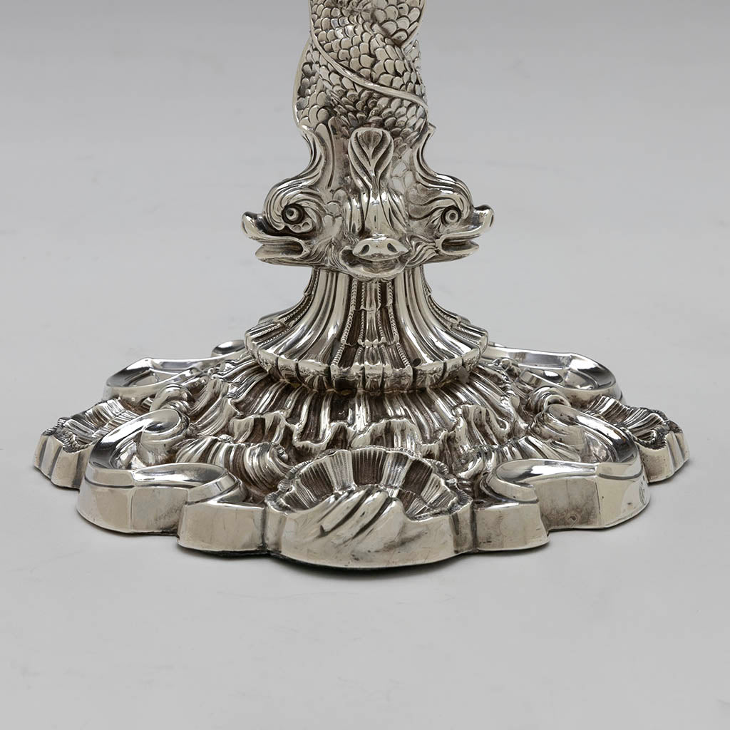 Base to John Watson Set of 4 Regency English Antique Sterling Figural Dolphin Candlesticks, Sheffield, 1815/16