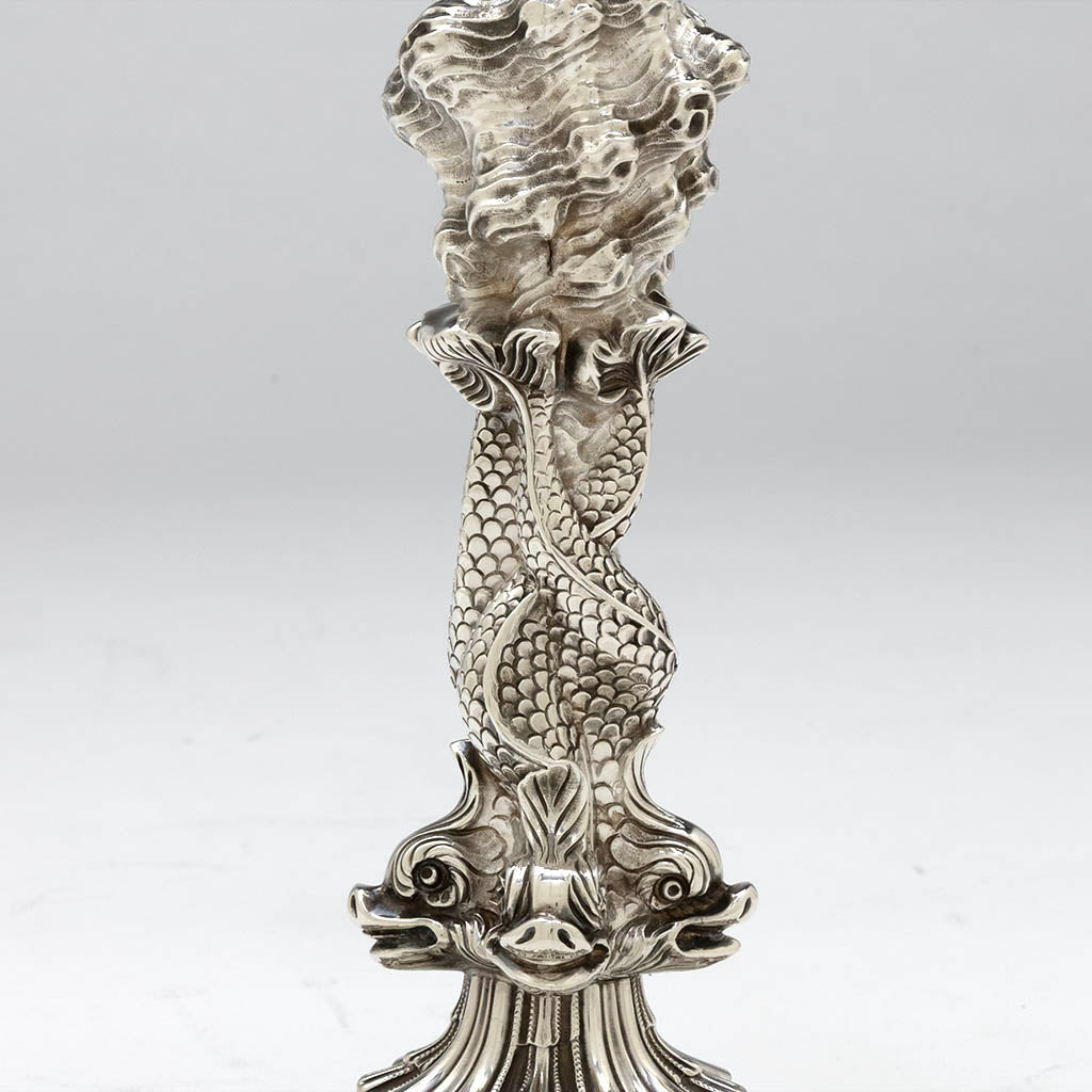 Dolphins on John Watson Set of 4 Regency English Antique Sterling Figural Dolphin Candlesticks, Sheffield, 1815/16