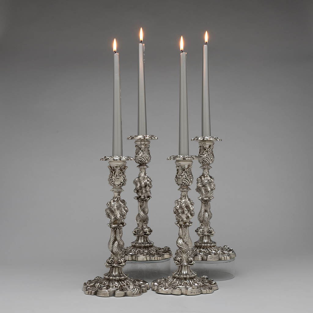 Lit John Watson Set of 4 Regency English Antique Sterling Figural Dolphin Candlesticks, Sheffield, 1815/16
