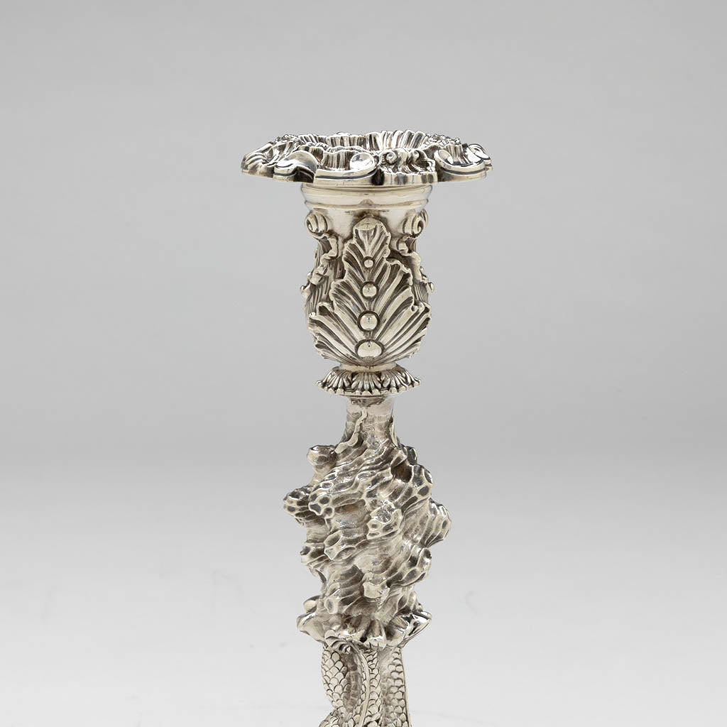 Socle detail of John Watson Set of 4 Regency English Antique Sterling Figural Dolphin Candlesticks, Sheffield, 1815/16