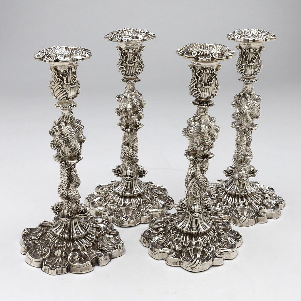 Top of John Watson Set of 4 Regency English Antique Sterling Figural Dolphin Candlesticks, Sheffield, 1815/16