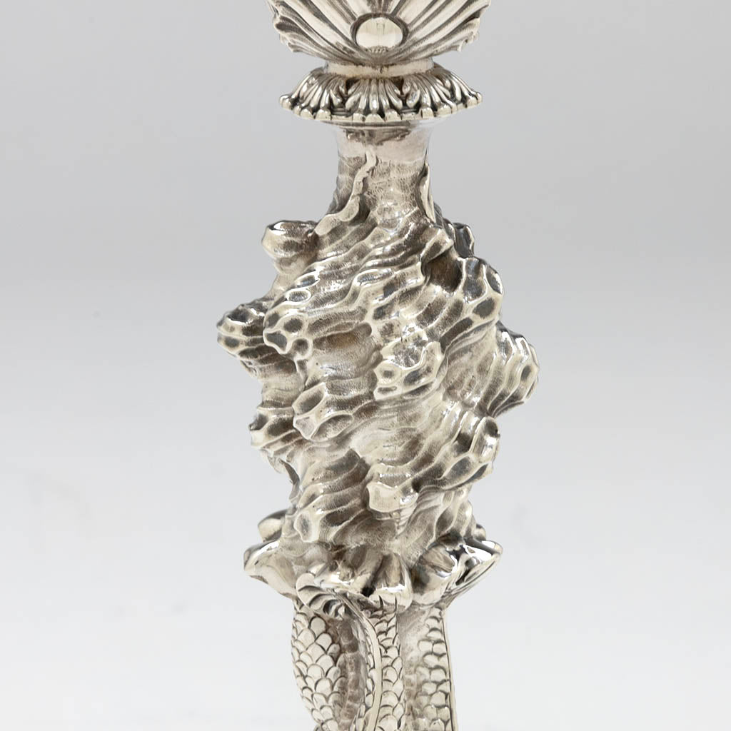 Waves on John Watson Set of 4 Regency English Antique Sterling Figural Dolphin Candlesticks, Sheffield, 1815/16