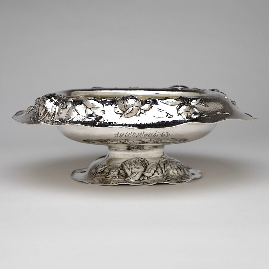 Side of Barbour Silver Company Hand-Wrought Antique Sterling Silver Art Nouveau Centerpiece, Wallingford, CT, 1904, Retailed by Mermod, Jaccard, St. Louis, possibly sold at the 1904 St. Louis Exposition, signed by chaser Christopher M. Whalen