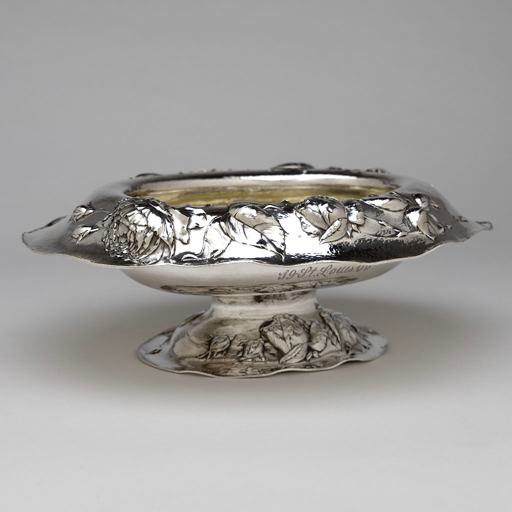 Angled Barbour Silver Company Hand-Wrought Antique Sterling Silver Art Nouveau Centerpiece, Wallingford, CT, 1904, Retailed by Mermod, Jaccard, St. Louis, possibly sold at the 1904 St. Louis Exposition, signed by chaser Christopher M. Whalen