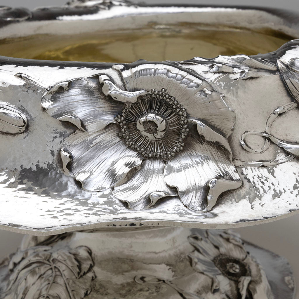 Flower detail on Barbour Silver Company Hand-Wrought Antique Sterling Silver Art Nouveau Centerpiece, Wallingford, CT, 1904, Retailed by Mermod, Jaccard, St. Louis, possibly sold at the 1904 St. Louis Exposition, signed by chaser Christopher M. Whalen