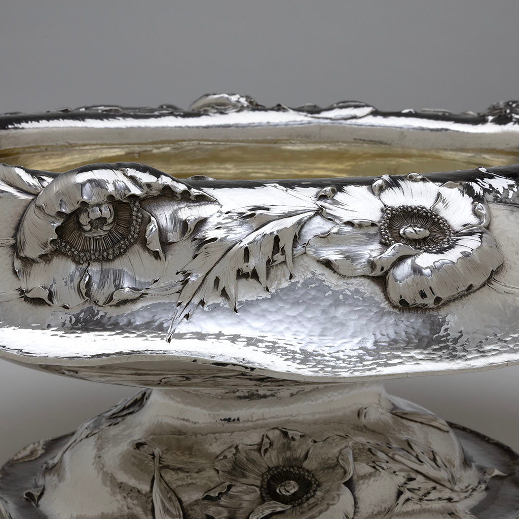 Leaf detail on Barbour Silver Company Hand-Wrought Antique Sterling Silver Art Nouveau Centerpiece, Wallingford, CT, 1904, Retailed by Mermod, Jaccard, St. Louis, possibly sold at the 1904 St. Louis Exposition, signed by chaser Christopher M. Whalen 