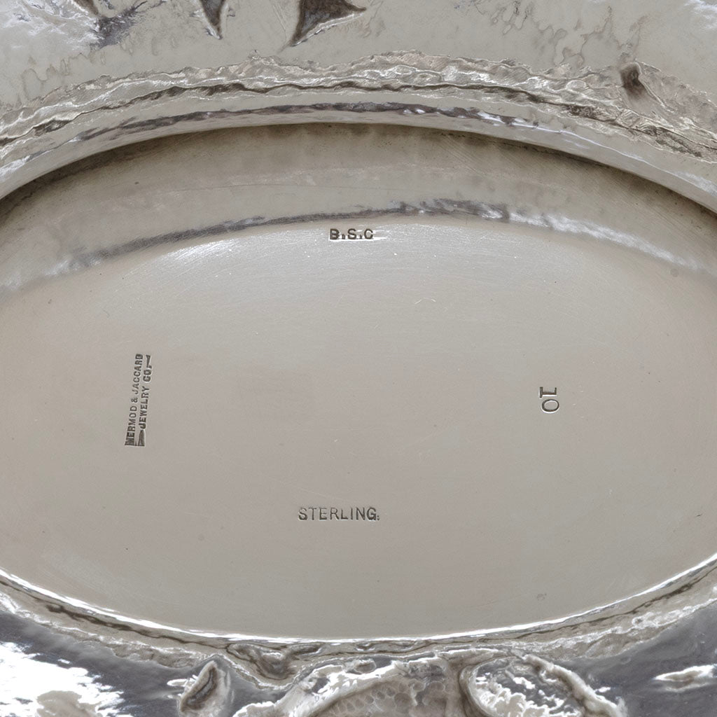 Marks on Barbour Silver Company Hand-Wrought Antique Sterling Silver Art Nouveau Centerpiece, Wallingford, CT, 1904, Retailed by Mermod, Jaccard, St. Louis, possibly sold at the 1904 St. Louis Exposition, signed by chaser Christopher M. Whalen