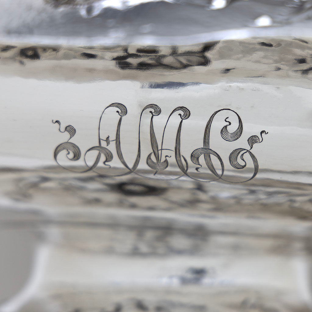 Monogram on Barbour Silver Company Hand-Wrought Antique Sterling Silver Art Nouveau Centerpiece, Wallingford, CT, 1904, Retailed by Mermod, Jaccard, St. Louis, possibly sold at the 1904 St. Louis Exposition, signed by chaser Christopher M. Whalen