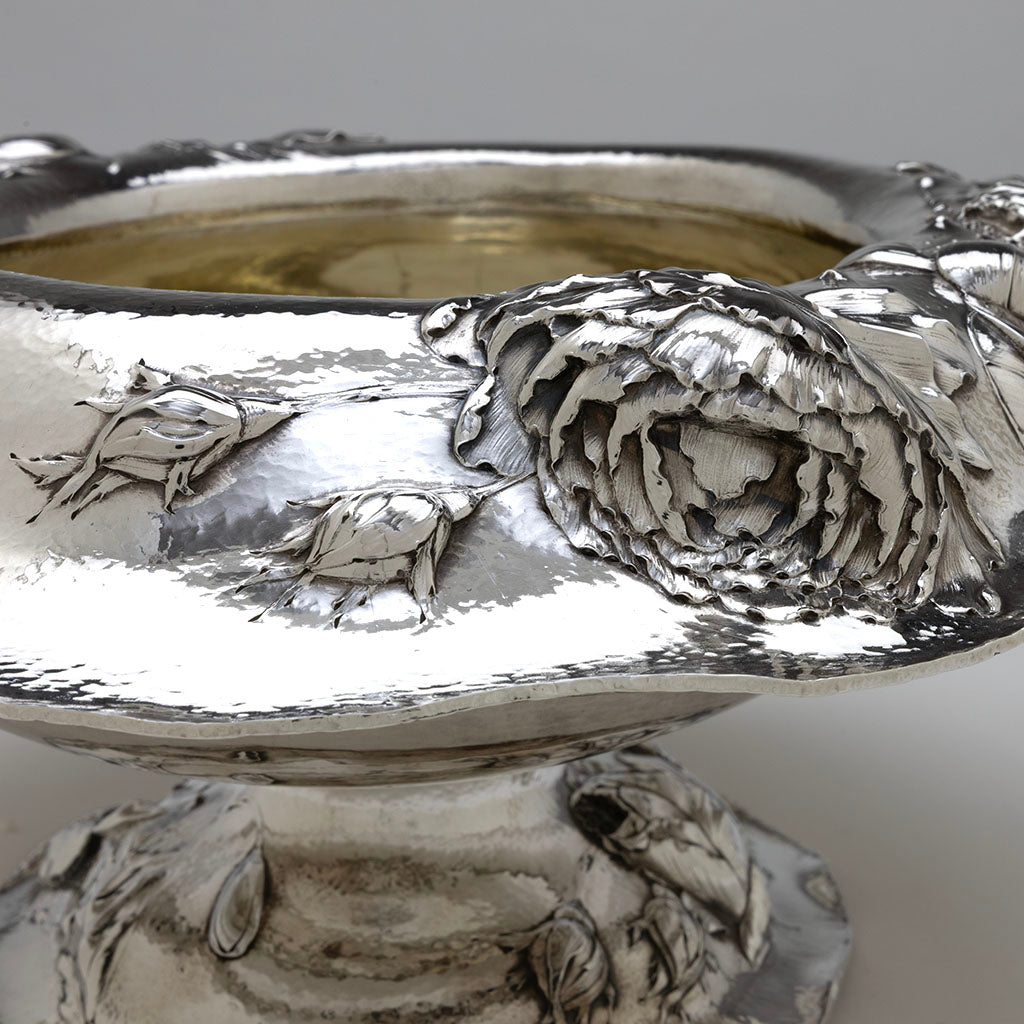 Peony on Barbour Silver Company Hand-Wrought Antique Sterling Silver Art Nouveau Centerpiece, Wallingford, CT, 1904, Retailed by Mermod, Jaccard, St. Louis, possibly sold at the 1904 St. Louis Exposition, signed by chaser Christopher M. Whalen