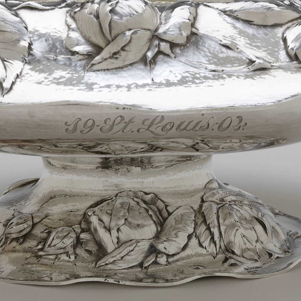 St Louis engraving on Barbour Silver Company Hand-Wrought Antique Sterling Silver Art Nouveau Centerpiece, Wallingford, CT, 1904, Retailed by Mermod, Jaccard, St. Louis, possibly sold at the 1904 St. Louis Exposition, signed by chaser Christopher M. Whalen