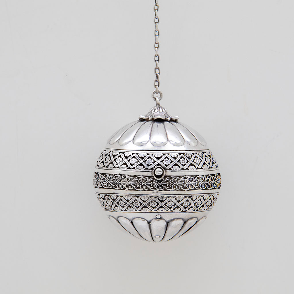 Rivets of opening clasp on Gorham Antique Sterling Silver Tea Ball, Providence, RI, 1884