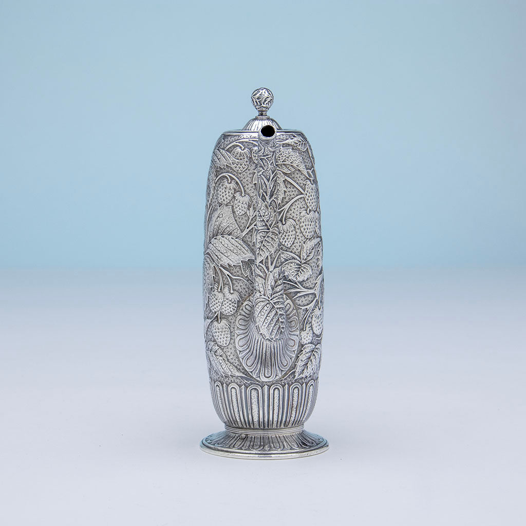 Spout of Dominick &amp; Haff Aesthetic Movement Sterling &#39;Strawberry&#39; Black Coffee Pot, NYC, NY, 1884