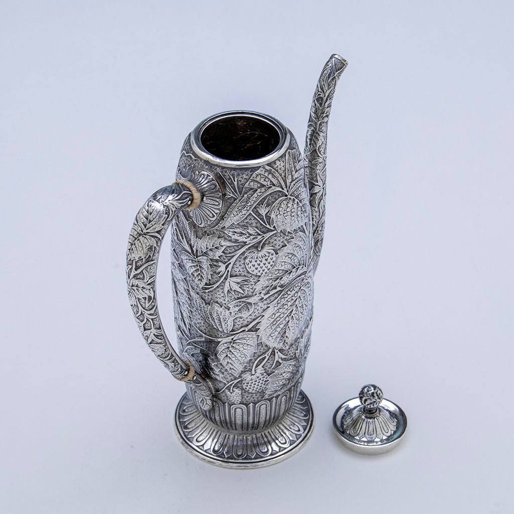 Open Dominick &amp; Haff Aesthetic Movement Sterling &#39;Strawberry&#39; Black Coffee Pot, NYC, NY, 1884