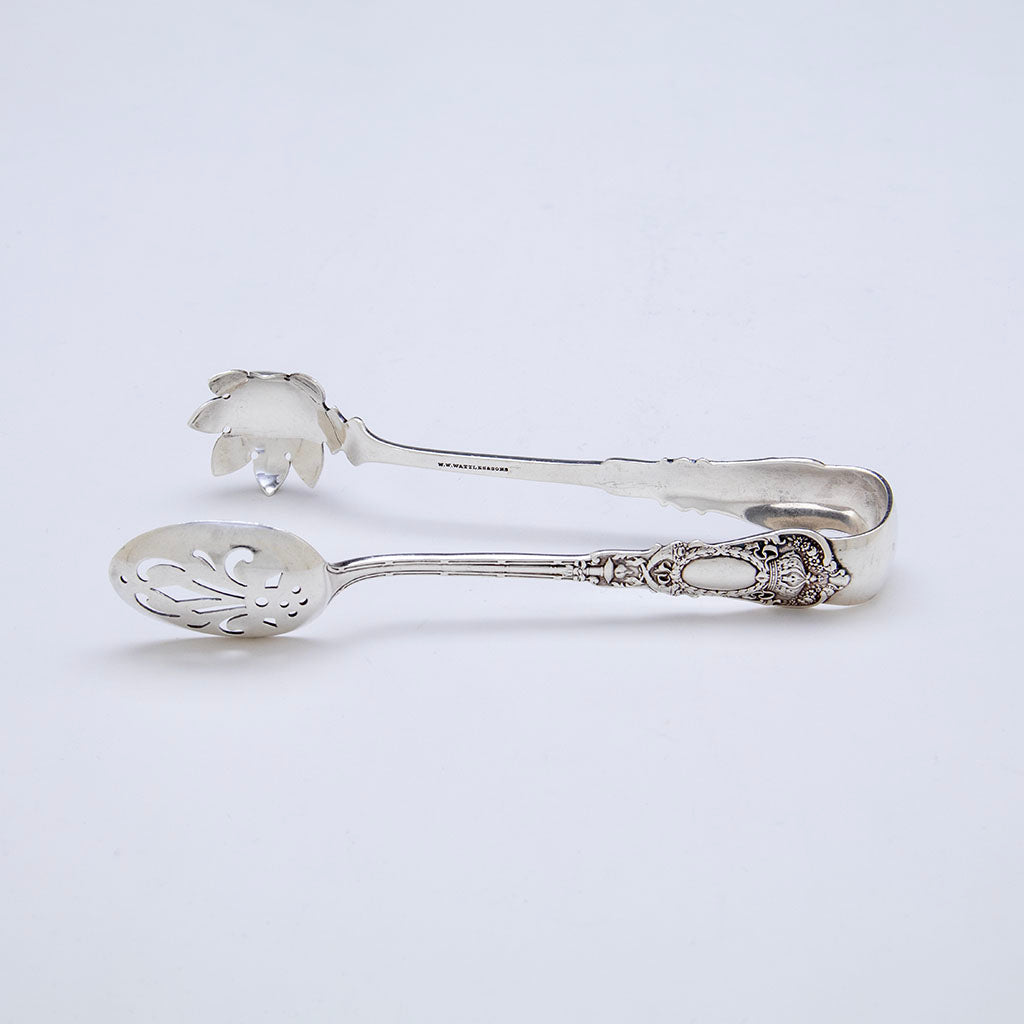 Pierced side of Durgin &#39;Empire&#39; Pattern Antique Sterling Ice Tongs, Concord, NH, c. 1900
