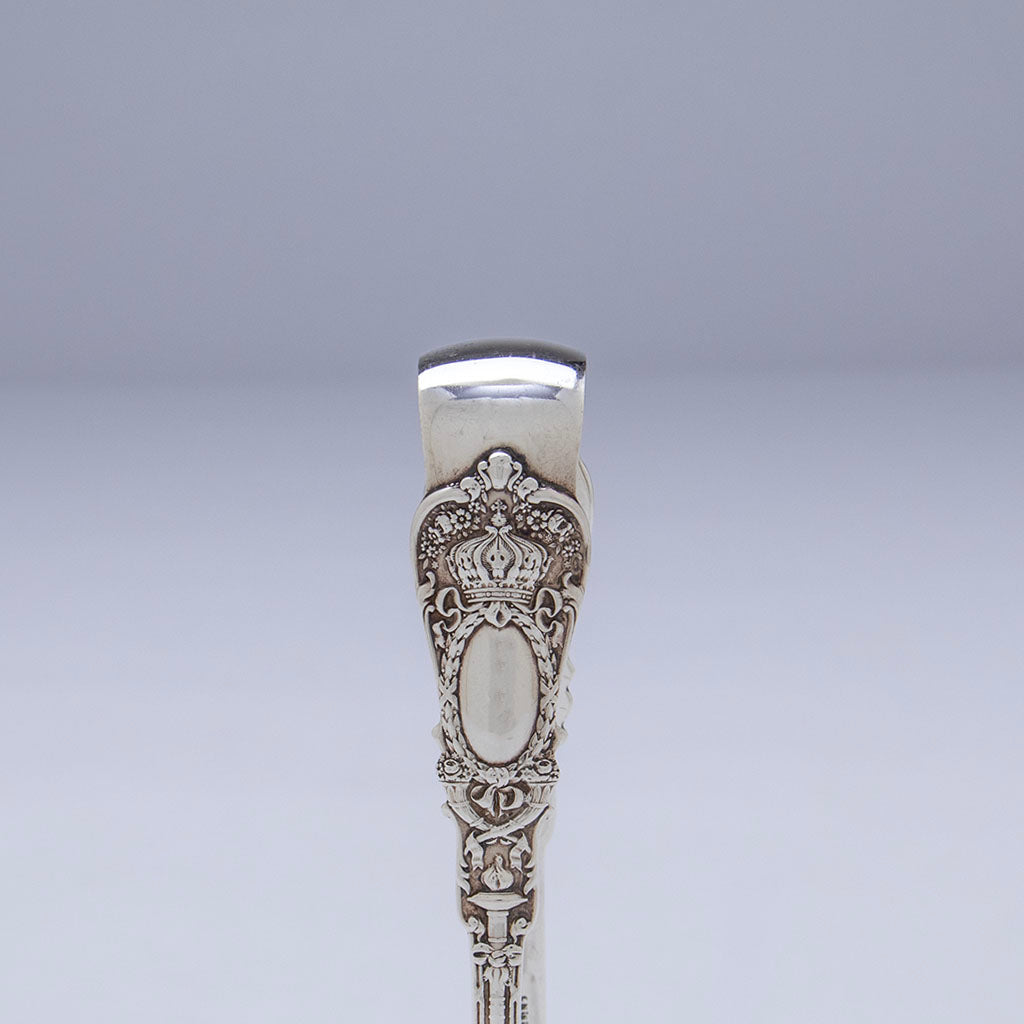 Pattern detail of Durgin &#39;Empire&#39; Pattern Antique Sterling Ice Tongs, Concord, NH, c. 1900