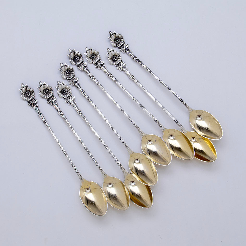 Reed & Barton 'Wild Rose' Pattern Antique Sterling Silver Ice Tea Spoons, Taunton, MA, c. 1910