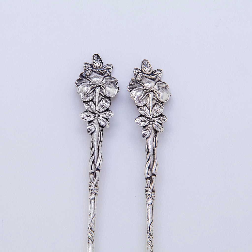 Back details to Reed &amp; Barton &#39;Wild Rose&#39; Pattern Antique Sterling Silver Ice Tea Spoons, Taunton, MA, c. 1910