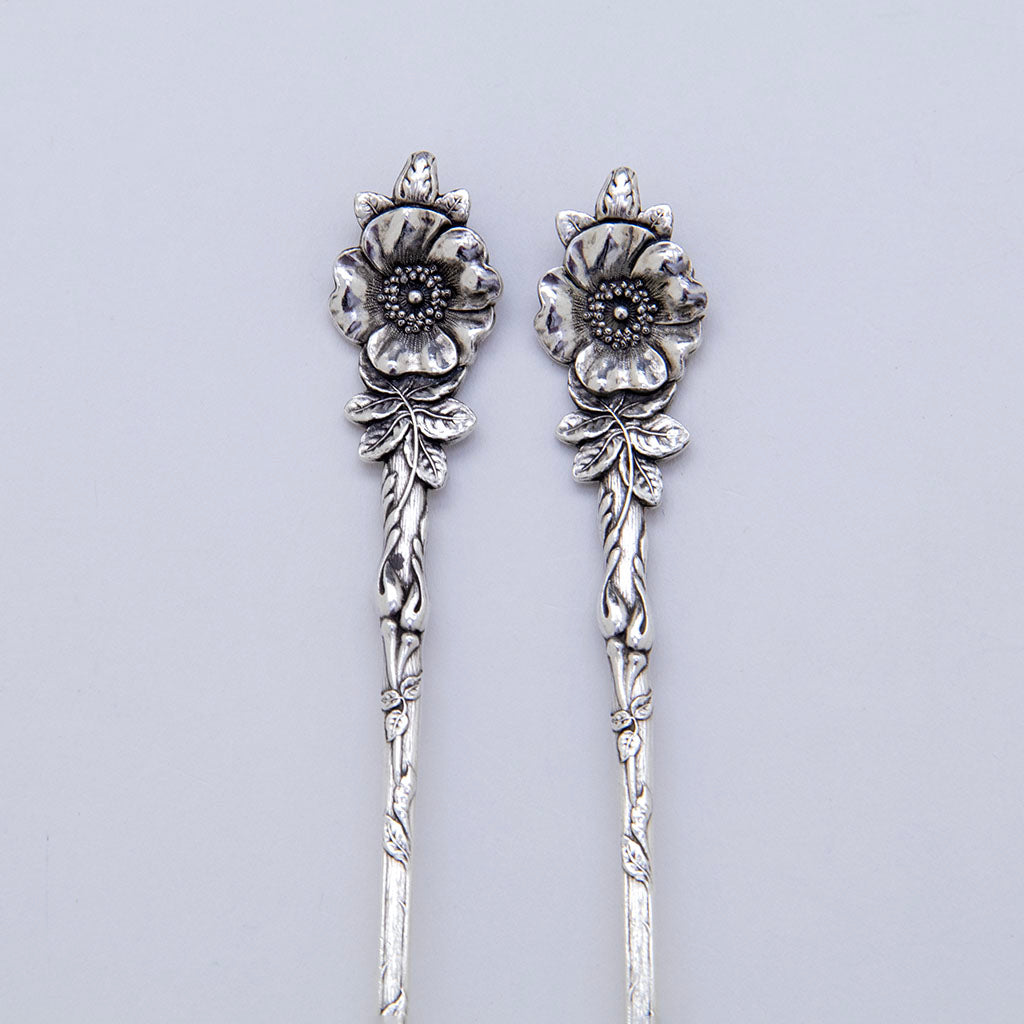 Detail of Reed &amp; Barton &#39;Wild Rose&#39; Pattern Antique Sterling Silver Ice Tea Spoons, Taunton, MA, c. 1910