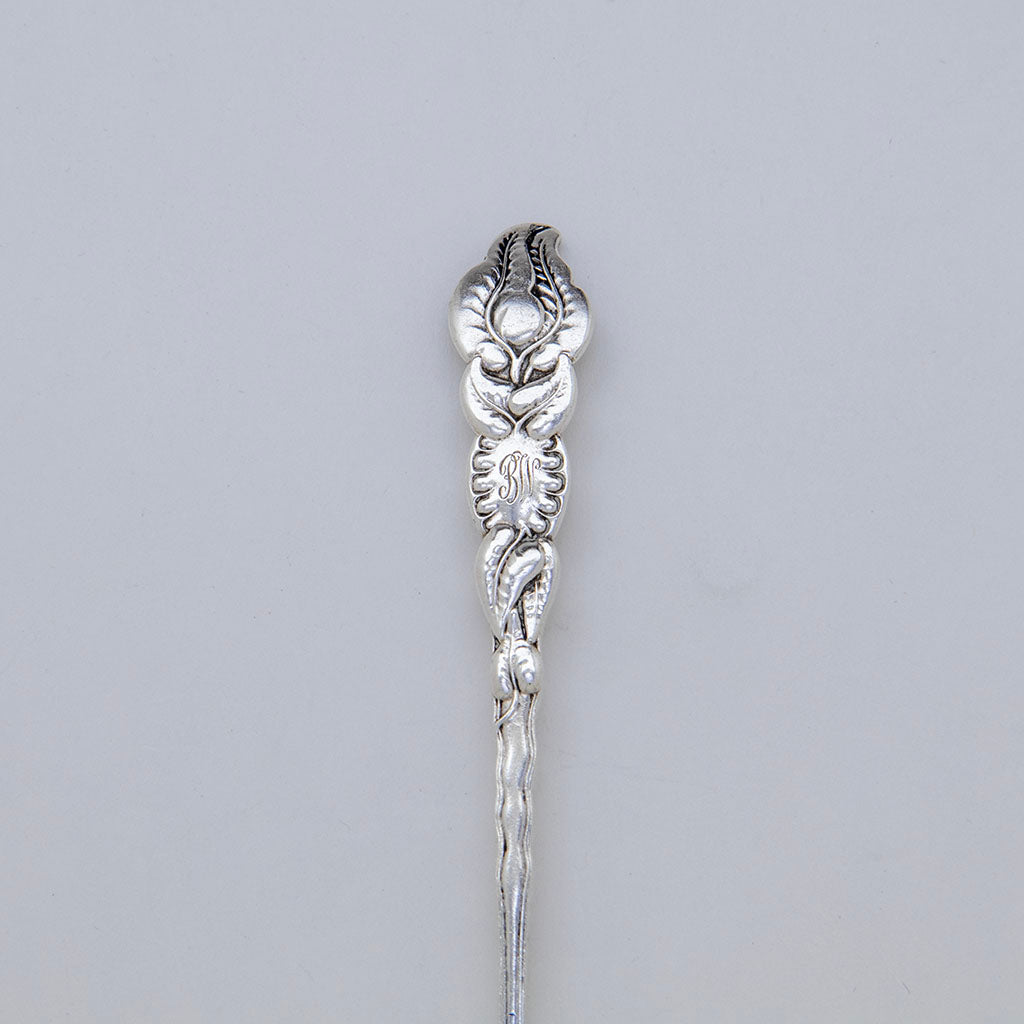 Monogram on Tiffany &amp; Co. &#39;Ailanthus&#39; Antique Sterling Silver Olive Fork, NYC, c. 1900