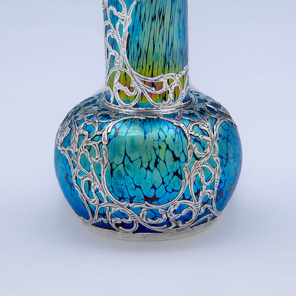 Alvin (attr.) Antique Silver Overlay on Loetz (attr.) Glass Vase