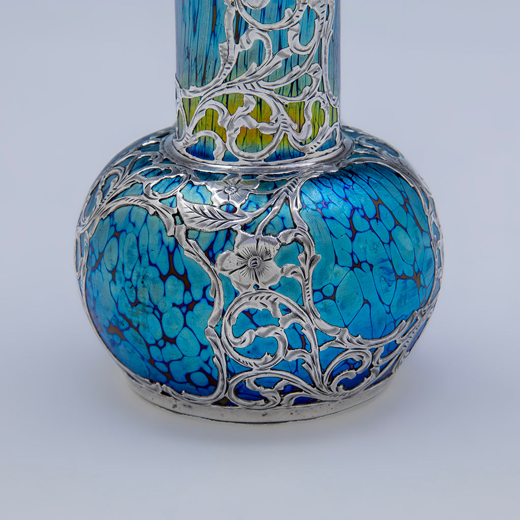 Flower overlay on Loetz Antique Glass with Silver Overlay Vase, c. 1900