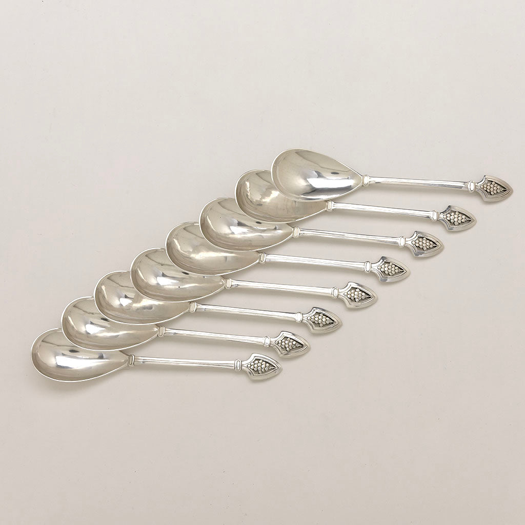 Angled set of 8 Arthur Stone Arts &amp; Crafts Sterling Silver Soup Spoons, 1918