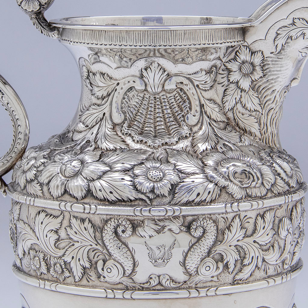 Shell detail on Samuel Kirk 11oz Silver Armorial &#39;Gilmor&#39; Ewer, Baltimore, c. 1840, bearing the crest of Stone