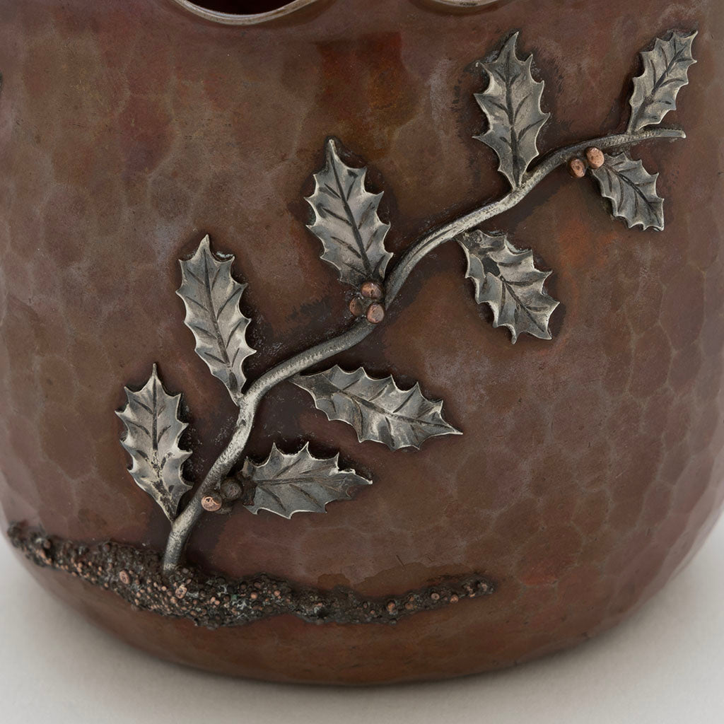 Holly detail on Gorham Antique Copper and Silver Vase, Providence, RI, 1882